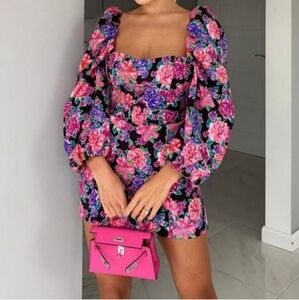 New Zara Floral Puff Sleeve Mini Dress Blogger XS